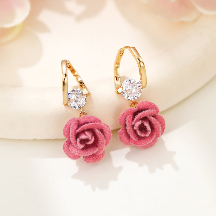 Flocking Rose Pearl Hook Earrings, Gentle Red & Pink Rose Diamond Long Dangle Earrings, Two Colors Available
