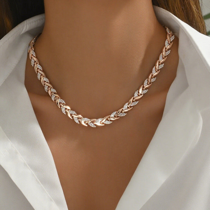Rhinestone Wheat Necklace & Bracelet Set, S925 Sterling Silver Luxury Inlaid Wheat Jewelry 2Pcs Set