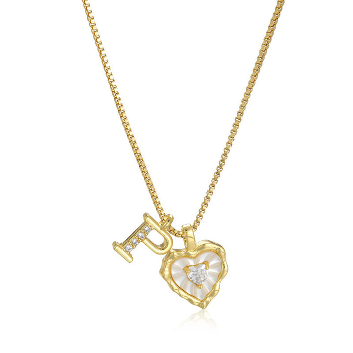 White Shell Heart Initial Necklace, Wavy Edge Mother of Pearl Pendant with Heart Diamond, Custom 26 Letters Gold Box Chain