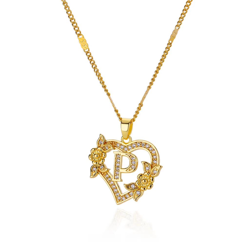 Vintage Flower Heart Pave Crystal Letter Necklace, 316L Stainless Steel 14K Gold Plated Luxury A-Z Initial Pendant Clavicle Chain Niche Jewelry