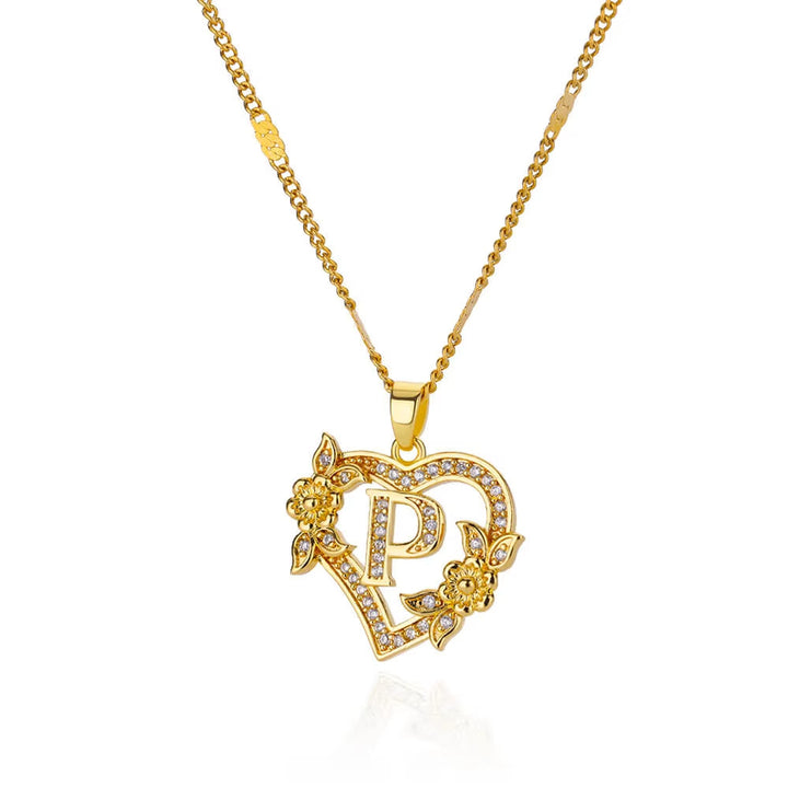 Vintage Flower Heart Pave Crystal Letter Necklace, 316L Stainless Steel 14K Gold Plated Luxury A-Z Initial Pendant Clavicle Chain Niche Jewelry