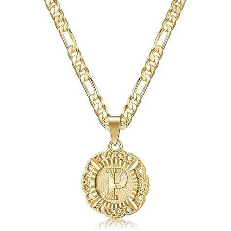 Vintage Lace Round 26 Letter Figaro Necklace, 14K Gold Plated Personal Initial Pendant Clavicle Chain