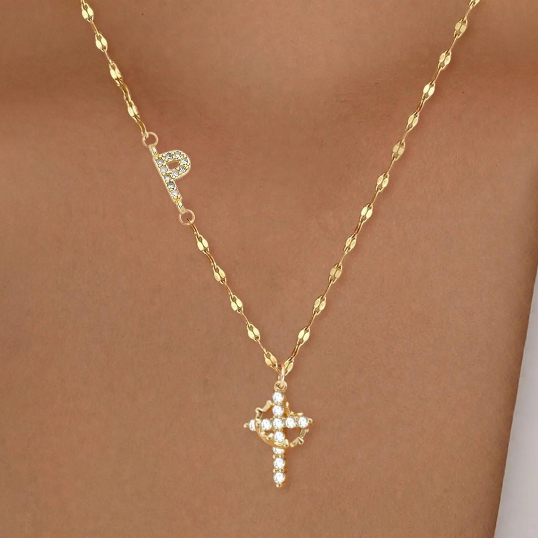 Diamond Initial & Cross Double Pendant Necklace (26 Letters Gold Tone Lip Chain)