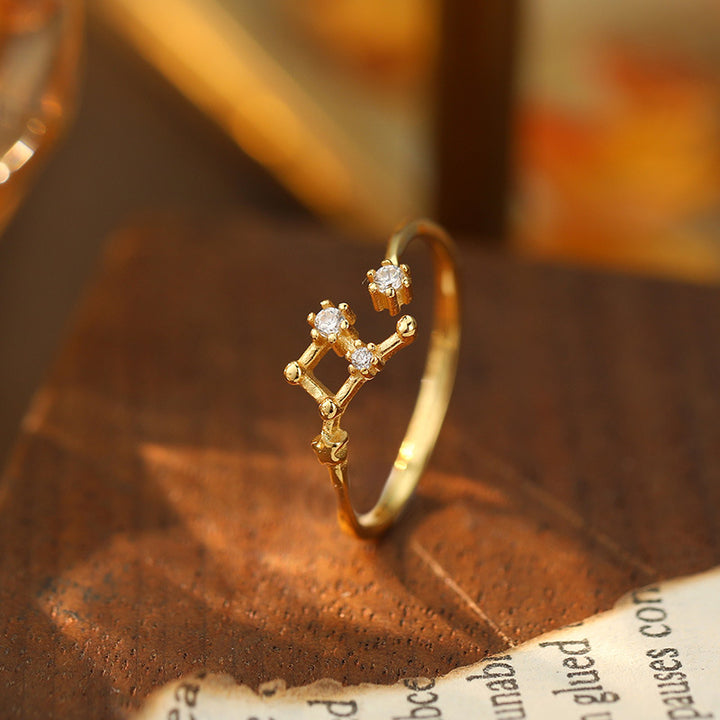 925 Silver Diamond-Inlaid 12 Constellations Open Adjustable Ring (Unisex Luxury Personalized Style)
