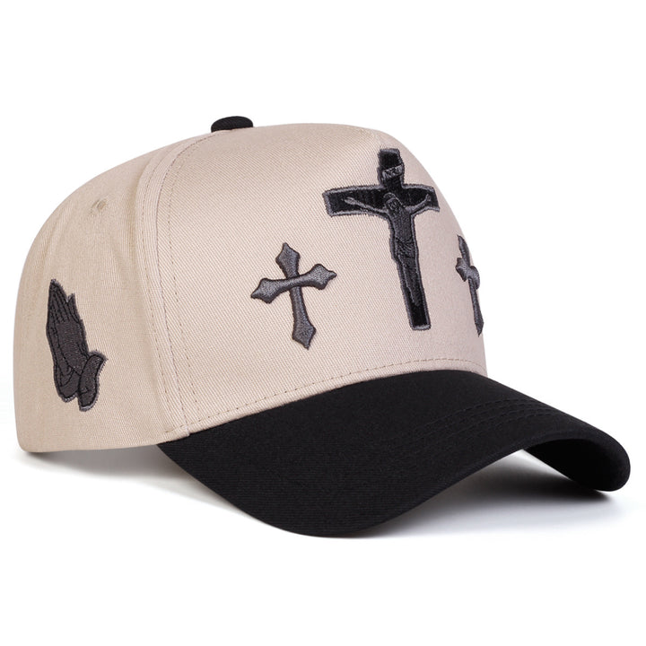 European American Street Cross Praying Hands Embroidered Baseball Cap, Vintage Two-Tone Structured Adjustable Hip Hop Curved Brim Hat