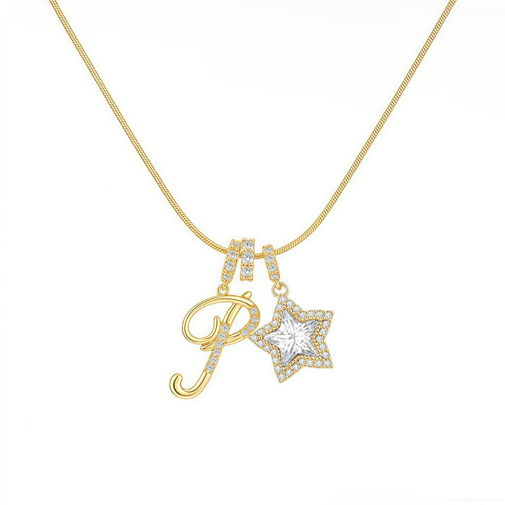 Script Initial Pave Star Dual Charm Snake Chain Necklace, Gold & Silver Custom Letter Choker