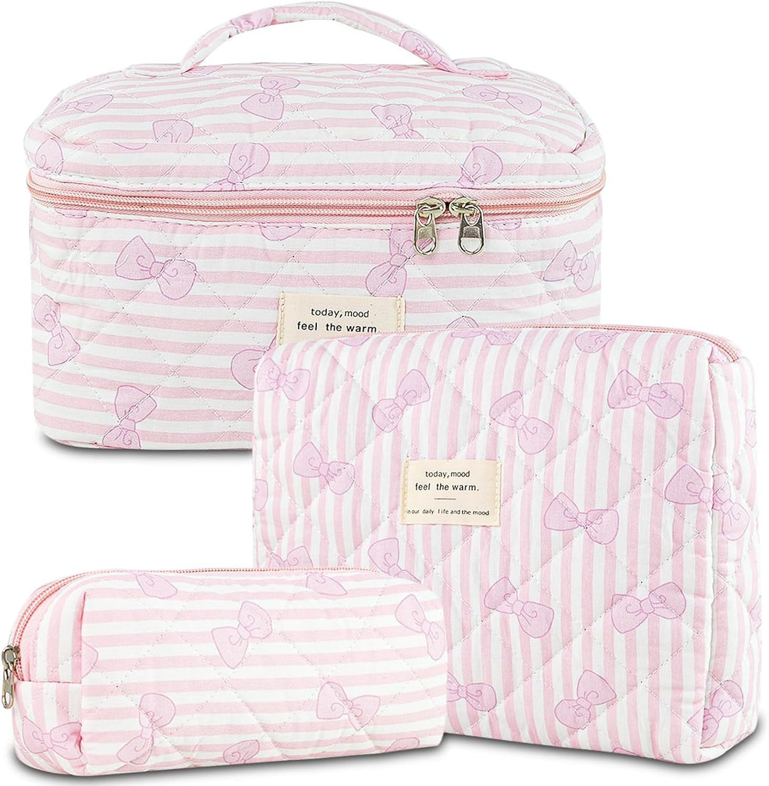 Floral Quilted 3-Piece Makeup Bag Set, Large Capacity Handheld Cosmetic Bag Portable Storage Pouch & Pencil Case Kit