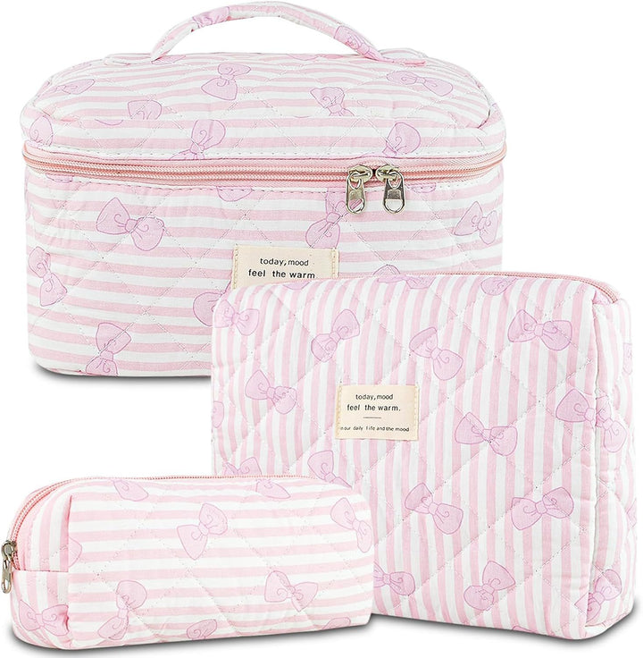Floral Quilted 3-Piece Makeup Bag Set, Large Capacity Handheld Cosmetic Bag Portable Storage Pouch & Pencil Case Kit