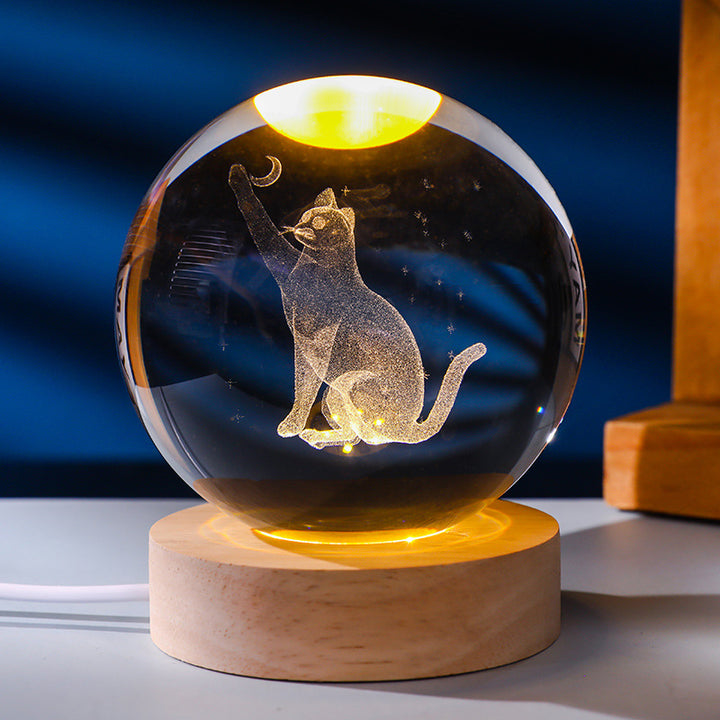 3D Laser Engraved Glowing Crystal Ball Ornament, Multi-Pattern Solid Wood Warm LED Base Night Light Gift