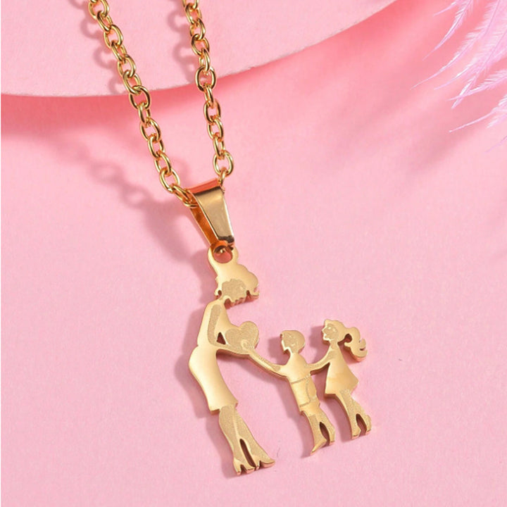 Mother & Kids Silhouette Pendant Necklace, 316L Titanium Steel Silver Plated Family Keepsake Necklace, Multiple Figures, Gold & Silver Family Jewelry