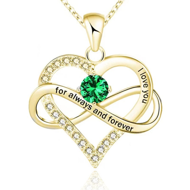 Infinity Intertwined Heart Engraved Birthstone Necklace, Eternal Love Heart Pendant Clavicle Chain with Birthstone