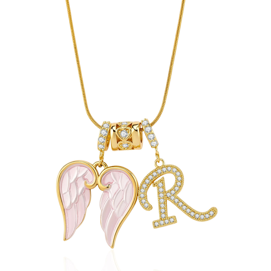 Pink Enamel Angel Wing Initial Necklace, Custom 26 Letters Gold Plated Diamond Pendant