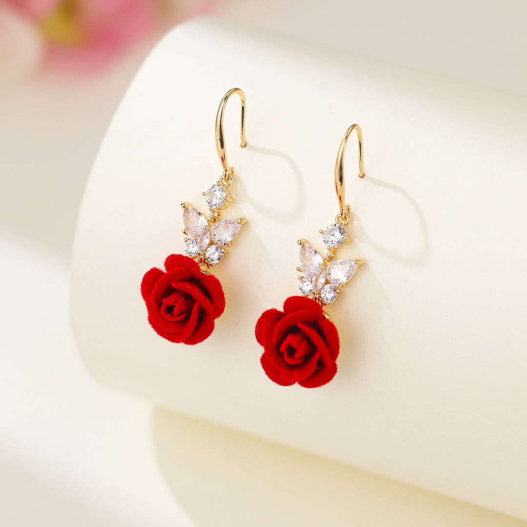 Flocking Rose Pearl Hook Earrings, Gentle Red & Pink Rose Diamond Long Dangle Earrings, Two Colors Available