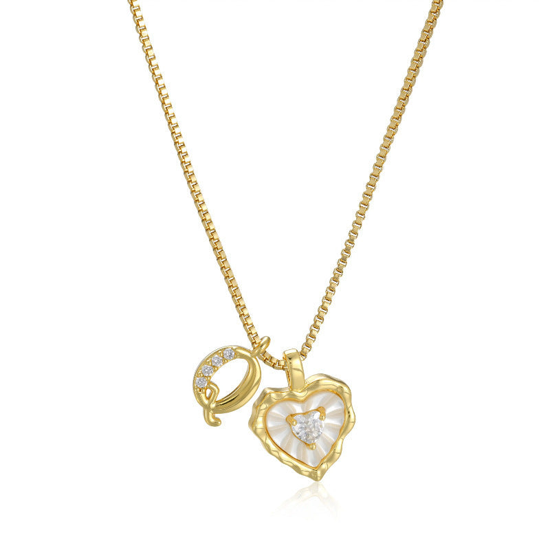 White Shell Heart Initial Necklace, Wavy Edge Mother of Pearl Pendant with Heart Diamond, Custom 26 Letters Gold Box Chain