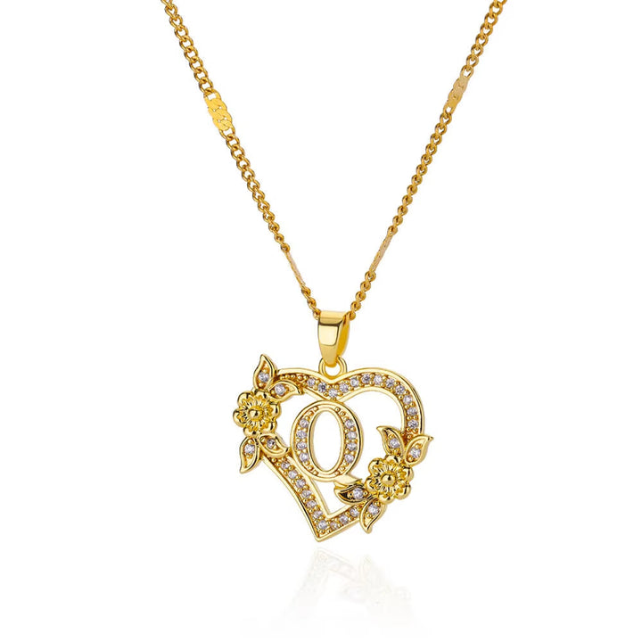 Vintage Flower Heart Pave Crystal Letter Necklace, 316L Stainless Steel 14K Gold Plated Luxury A-Z Initial Pendant Clavicle Chain Niche Jewelry