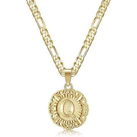 Vintage Lace Round 26 Letter Figaro Necklace, 14K Gold Plated Personal Initial Pendant Clavicle Chain