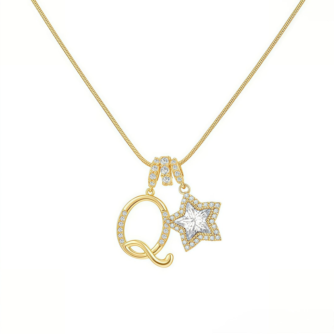Script Initial Pave Star Dual Charm Snake Chain Necklace, Gold & Silver Custom Letter Choker