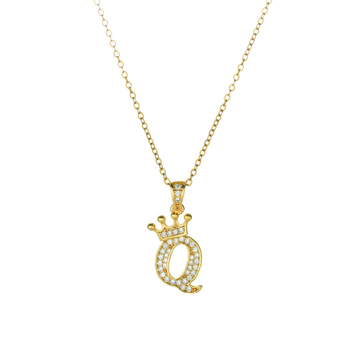 Crown Paved Diamond Initial Letter Necklace, 14K Gold Plated Personalized Dainty Chain, A-Z Available
