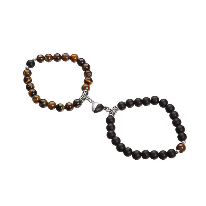 Magnetic Heart Couple Bracelets with Agate Beads – Purple Love Stone Gift Set