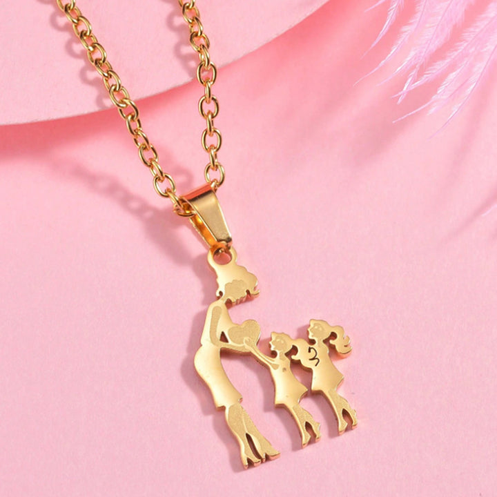 Mother & Kids Silhouette Pendant Necklace, 316L Titanium Steel Silver Plated Family Keepsake Necklace, Multiple Figures, Gold & Silver Family Jewelry