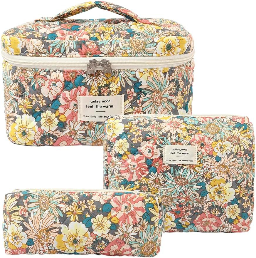 Floral Quilted 3-Piece Makeup Bag Set, Large Capacity Handheld Cosmetic Bag Portable Storage Pouch & Pencil Case Kit