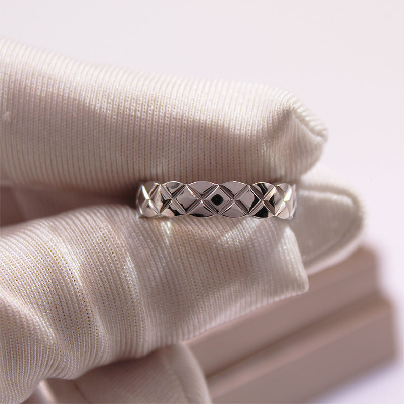 Classic Quilted Pattern Silver Ring, Plain & Paved Diamond Luxury Versatile Band Ring