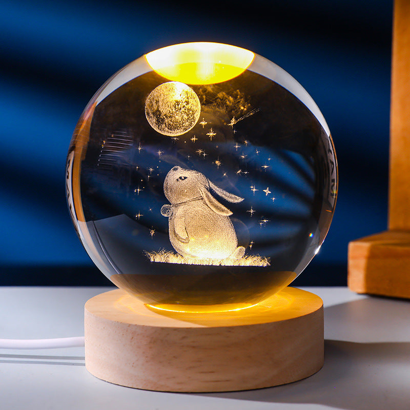 3D Laser Engraved Glowing Crystal Ball Ornament, Multi-Pattern Solid Wood Warm LED Base Night Light Gift