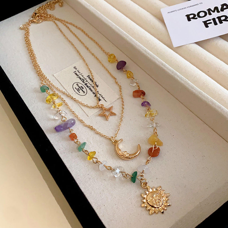 Sun Moon Star Chakra Stone Layered Necklace Set (Boho Mystic Choker)