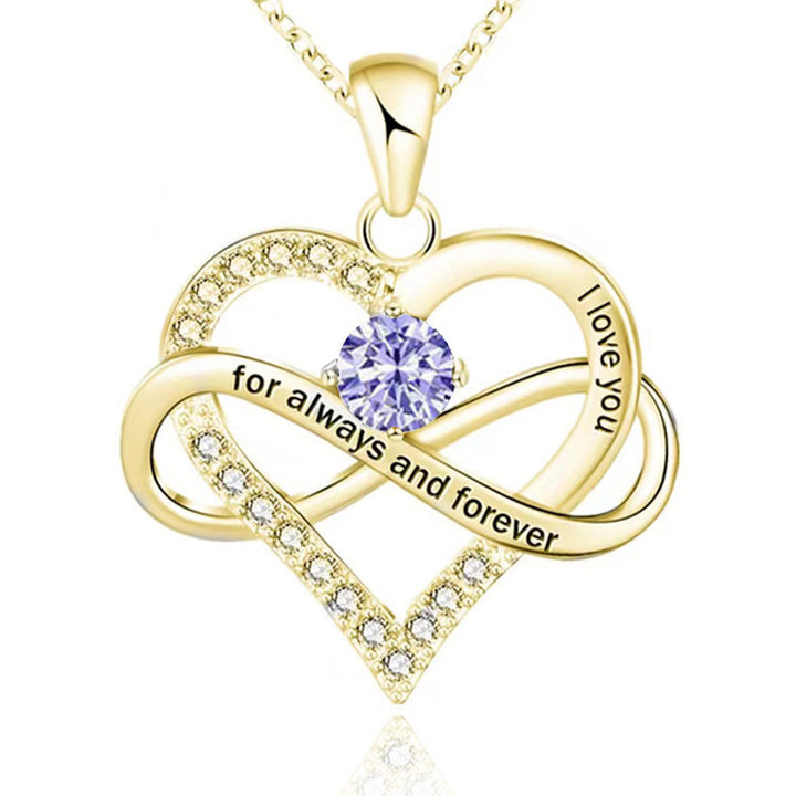 Infinity Intertwined Heart Engraved Birthstone Necklace, Eternal Love Heart Pendant Clavicle Chain with Birthstone