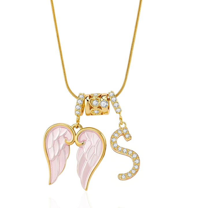 Pink Enamel Angel Wing Initial Necklace, Custom 26 Letters Gold Plated Diamond Pendant
