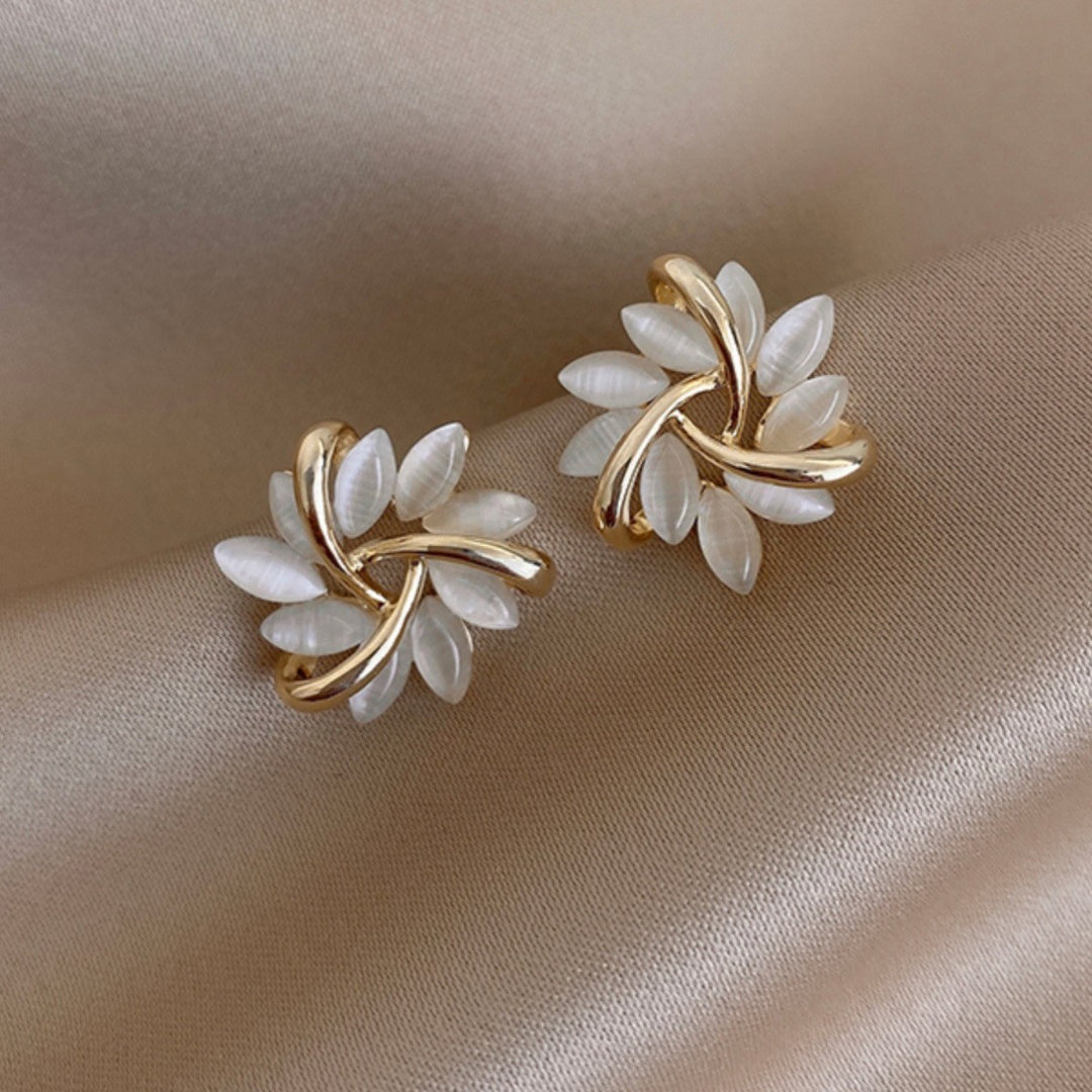 Gold Interwoven Cat's Eye Stone Flower S925 Silver Stud Earrings