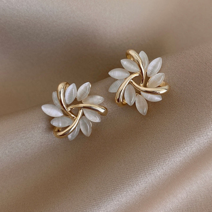 Gold Interwoven Cat's Eye Stone Flower S925 Silver Stud Earrings