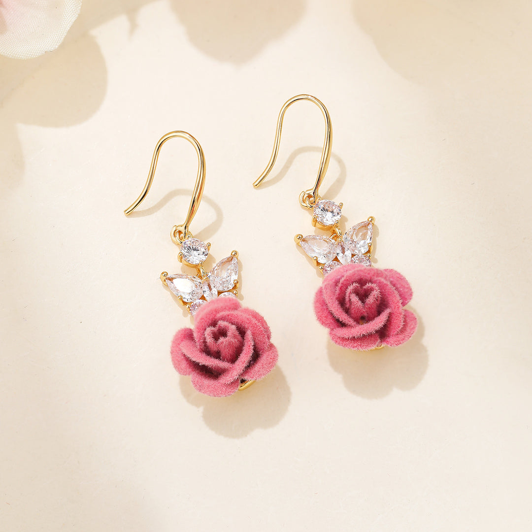 Flocking Rose Pearl Hook Earrings, Gentle Red & Pink Rose Diamond Long Dangle Earrings, Two Colors Available