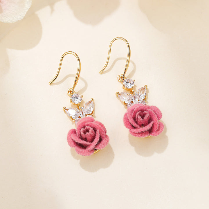 Flocking Rose Pearl Hook Earrings, Gentle Red & Pink Rose Diamond Long Dangle Earrings, Two Colors Available