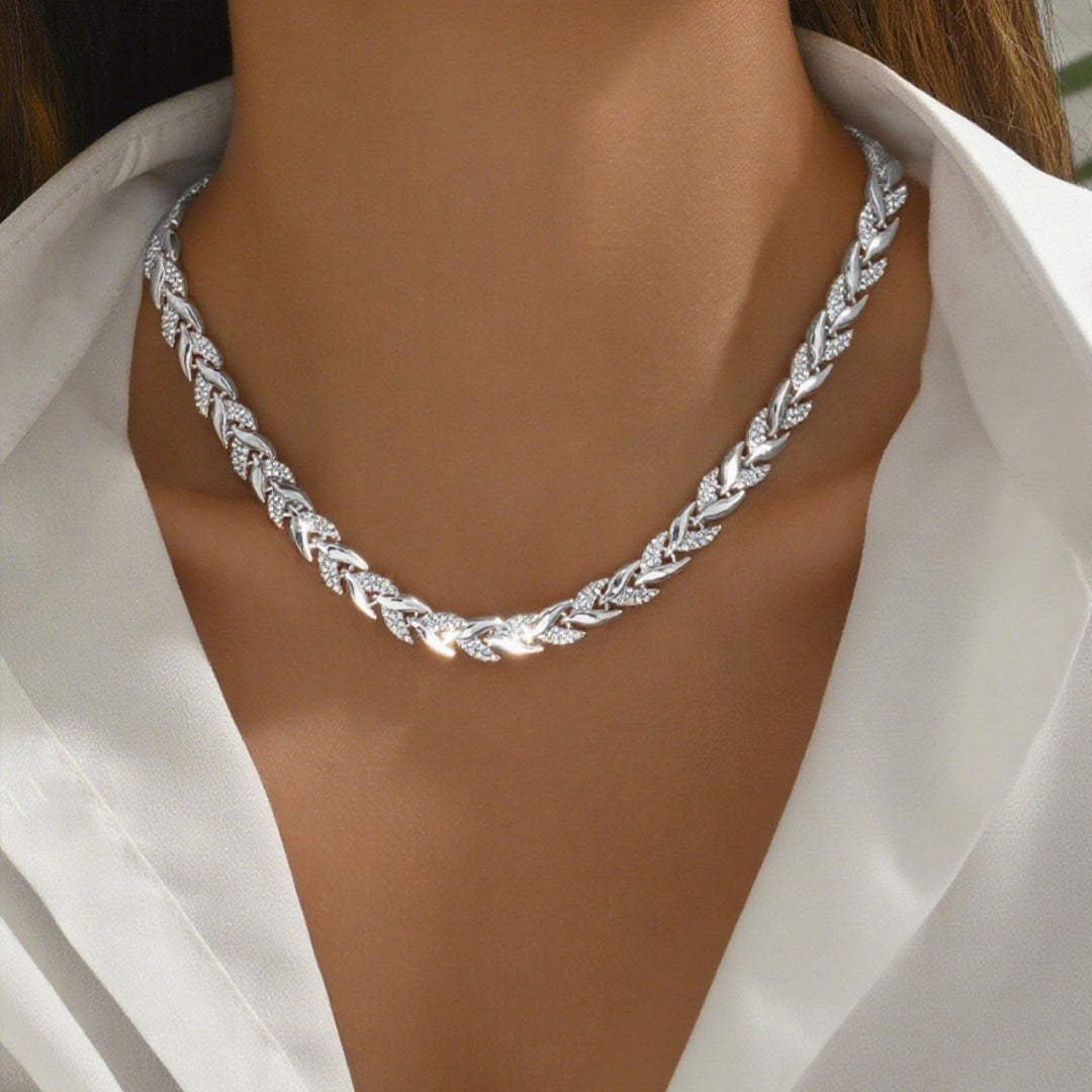 Rhinestone Wheat Necklace & Bracelet Set, S925 Sterling Silver Luxury Inlaid Wheat Jewelry 2Pcs Set