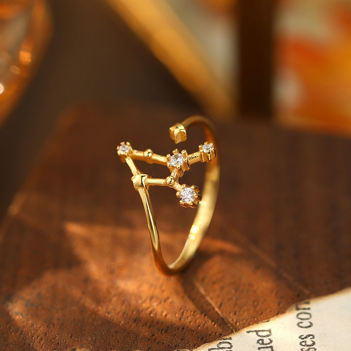 925 Silver Diamond-Inlaid 12 Constellations Open Adjustable Ring (Unisex Luxury Personalized Style)