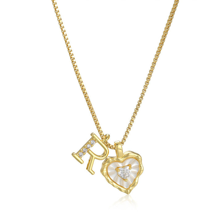 White Shell Heart Initial Necklace, Wavy Edge Mother of Pearl Pendant with Heart Diamond, Custom 26 Letters Gold Box Chain