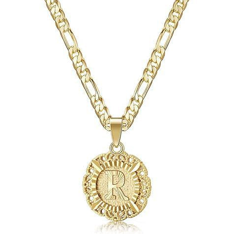 Vintage Lace Round 26 Letter Figaro Necklace, 14K Gold Plated Personal Initial Pendant Clavicle Chain