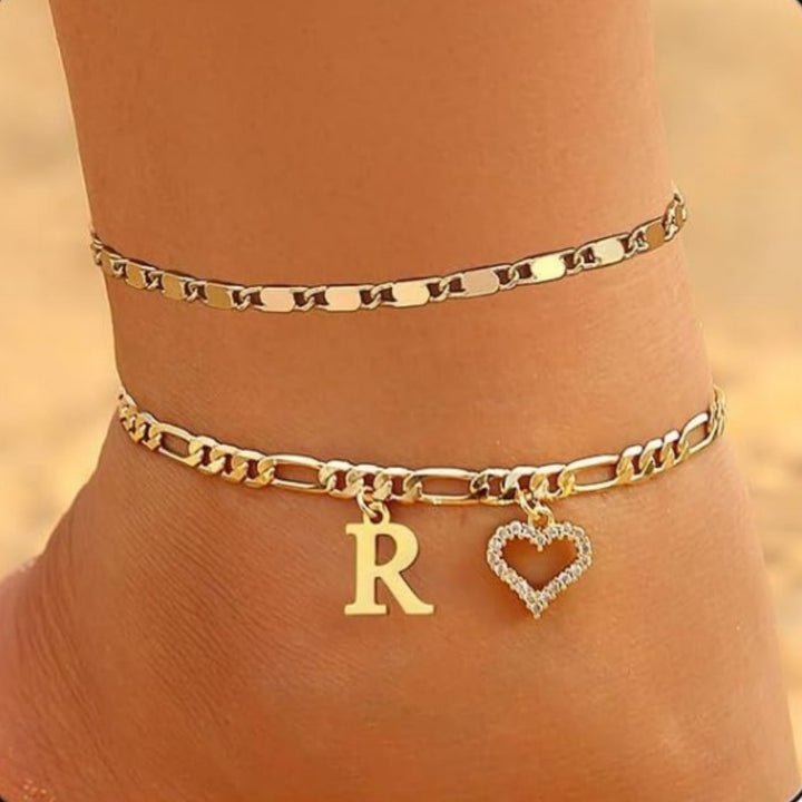 Double Layer Initial & Heart diamond Anklet (Gold Personalized Foot Jewelry)