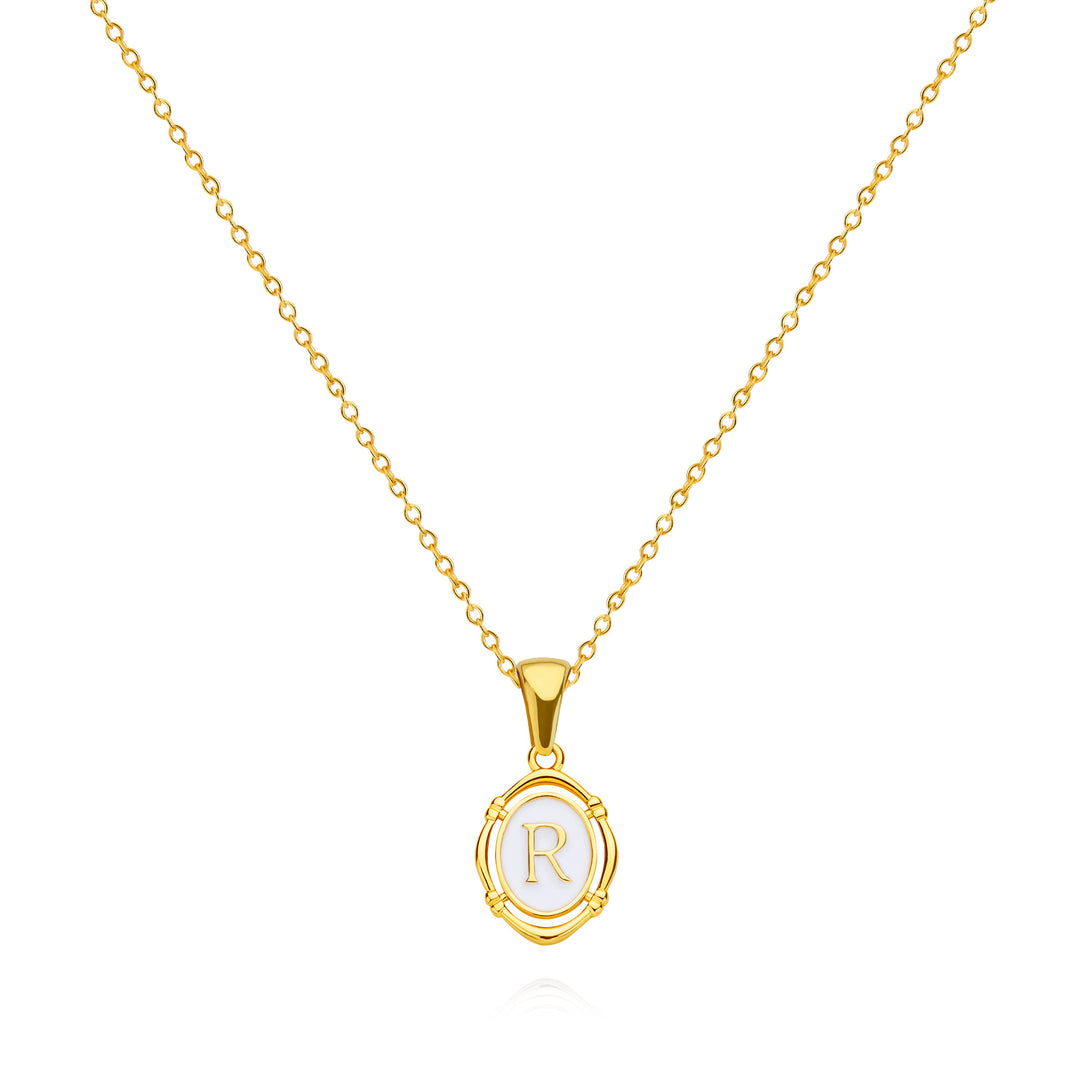 Oval Enamel Initial Letter Pendant Necklace, Vintage 26 Alphabet Choker