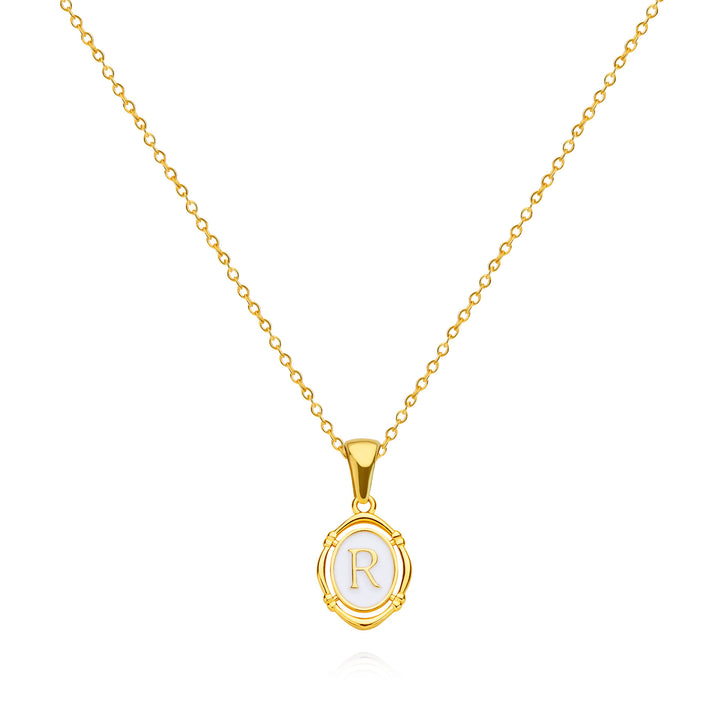 Oval Enamel Initial Letter Pendant Necklace, Vintage 26 Alphabet Choker