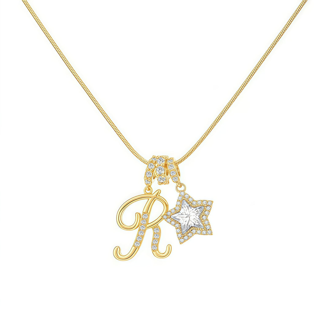 Script Initial Pave Star Dual Charm Snake Chain Necklace, Gold & Silver Custom Letter Choker