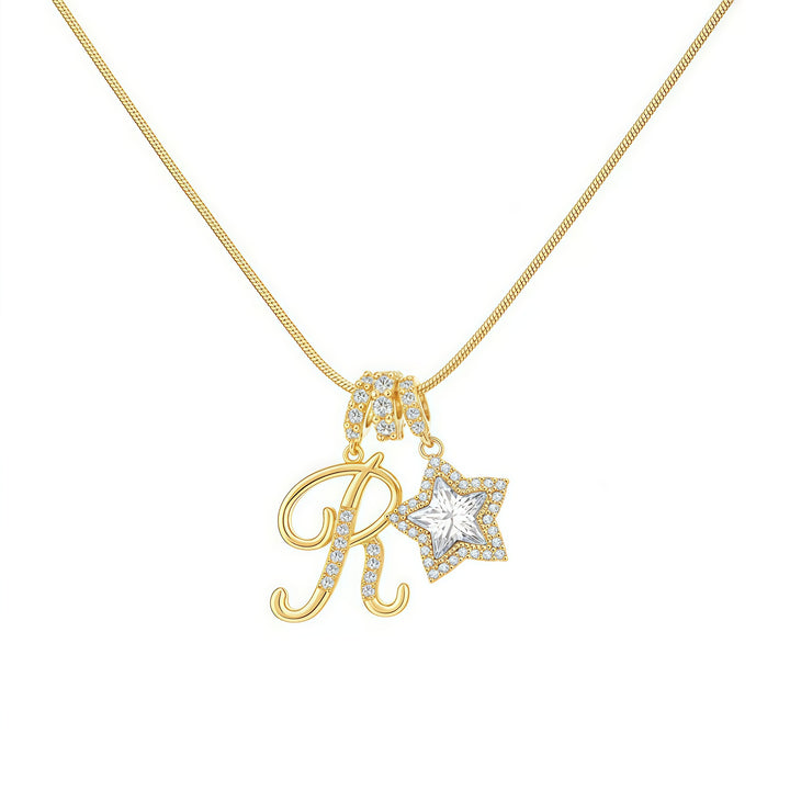 Script Initial Pave Star Dual Charm Snake Chain Necklace, Gold & Silver Custom Letter Choker