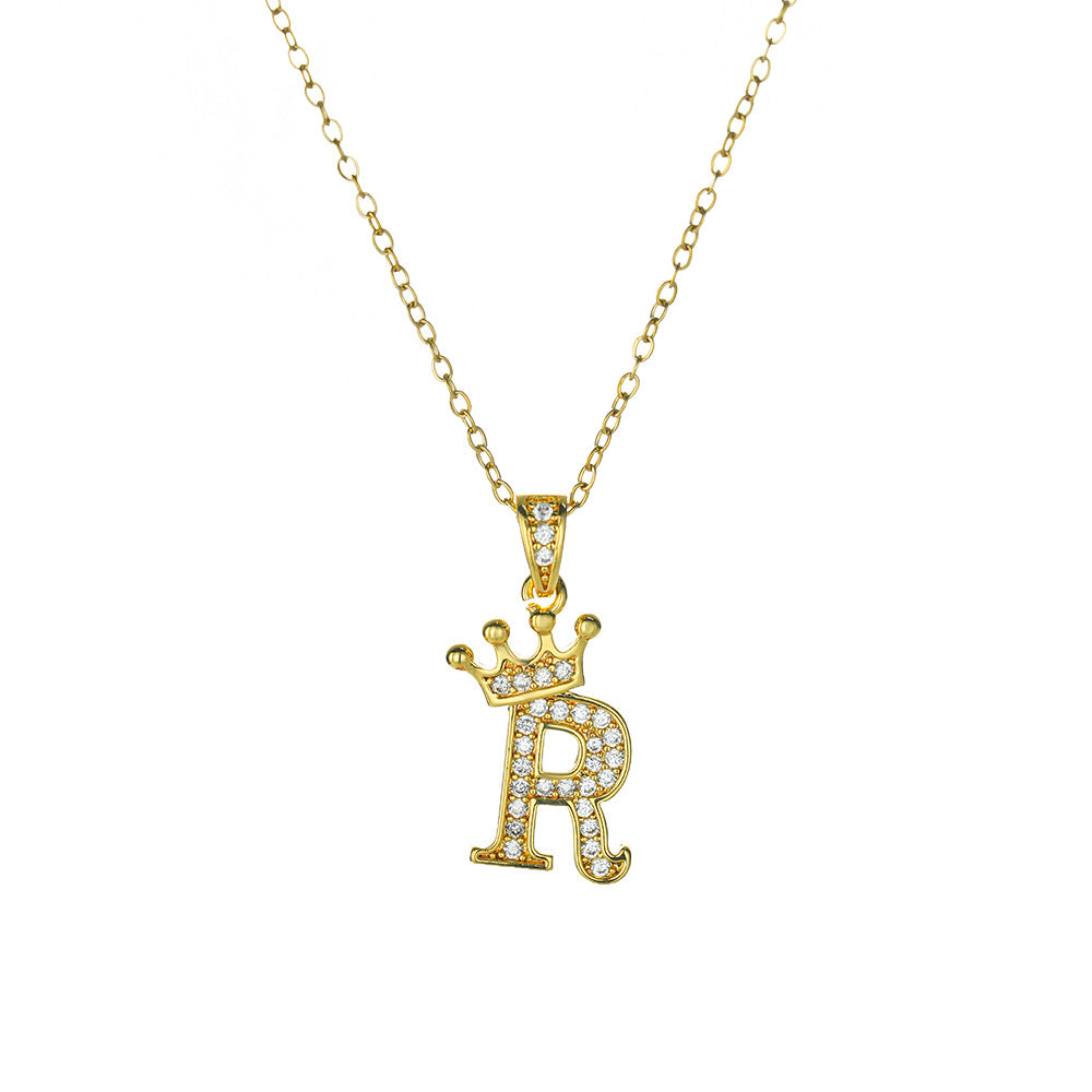 Crown Paved Diamond Initial Letter Necklace, 14K Gold Plated Personalized Dainty Chain, A-Z Available