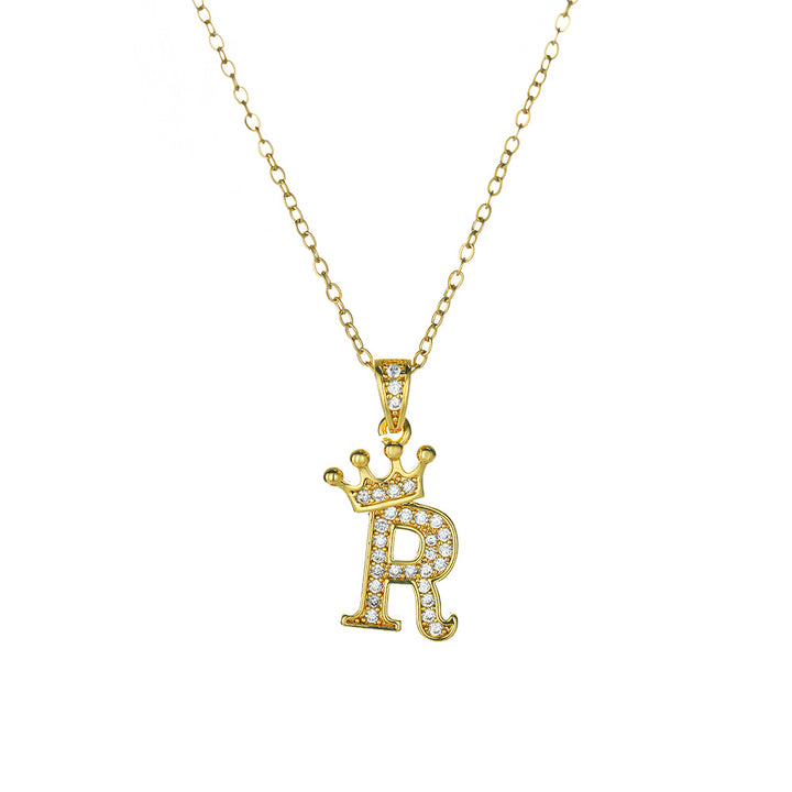 Crown Paved Diamond Initial Letter Necklace, 14K Gold Plated Personalized Dainty Chain, A-Z Available