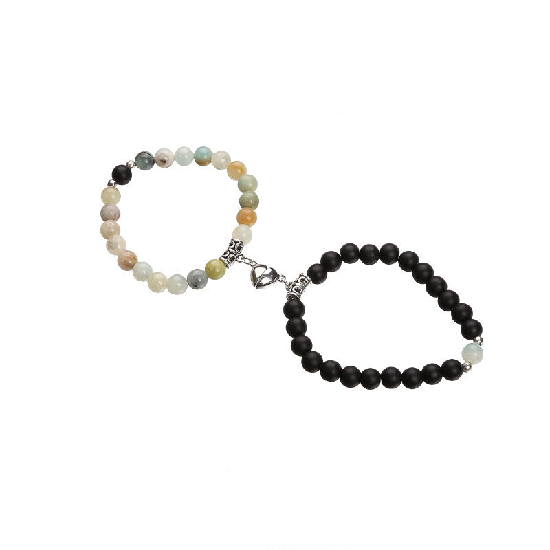Magnetic Heart Couple Bracelets with Agate Beads – Purple Love Stone Gift Set