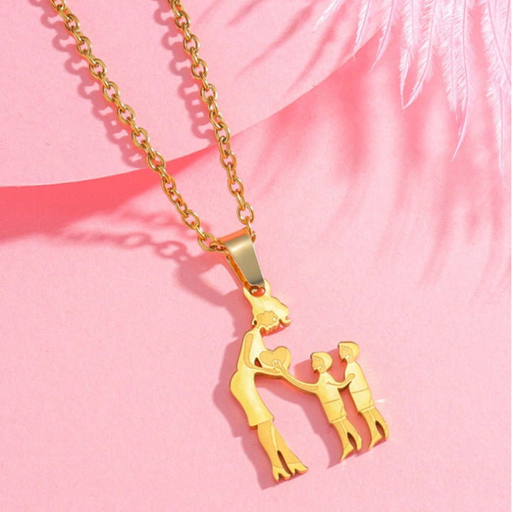 Mother & Kids Silhouette Pendant Necklace, 316L Titanium Steel Silver Plated Family Keepsake Necklace, Multiple Figures, Gold & Silver Family Jewelry