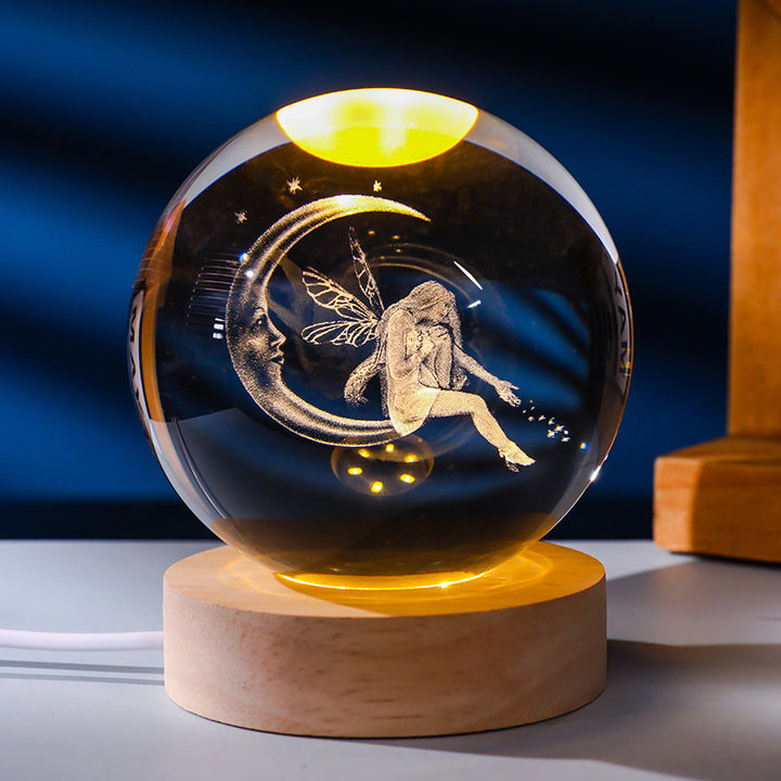3D Laser Engraved Glowing Crystal Ball Ornament, Multi-Pattern Solid Wood Warm LED Base Night Light Gift