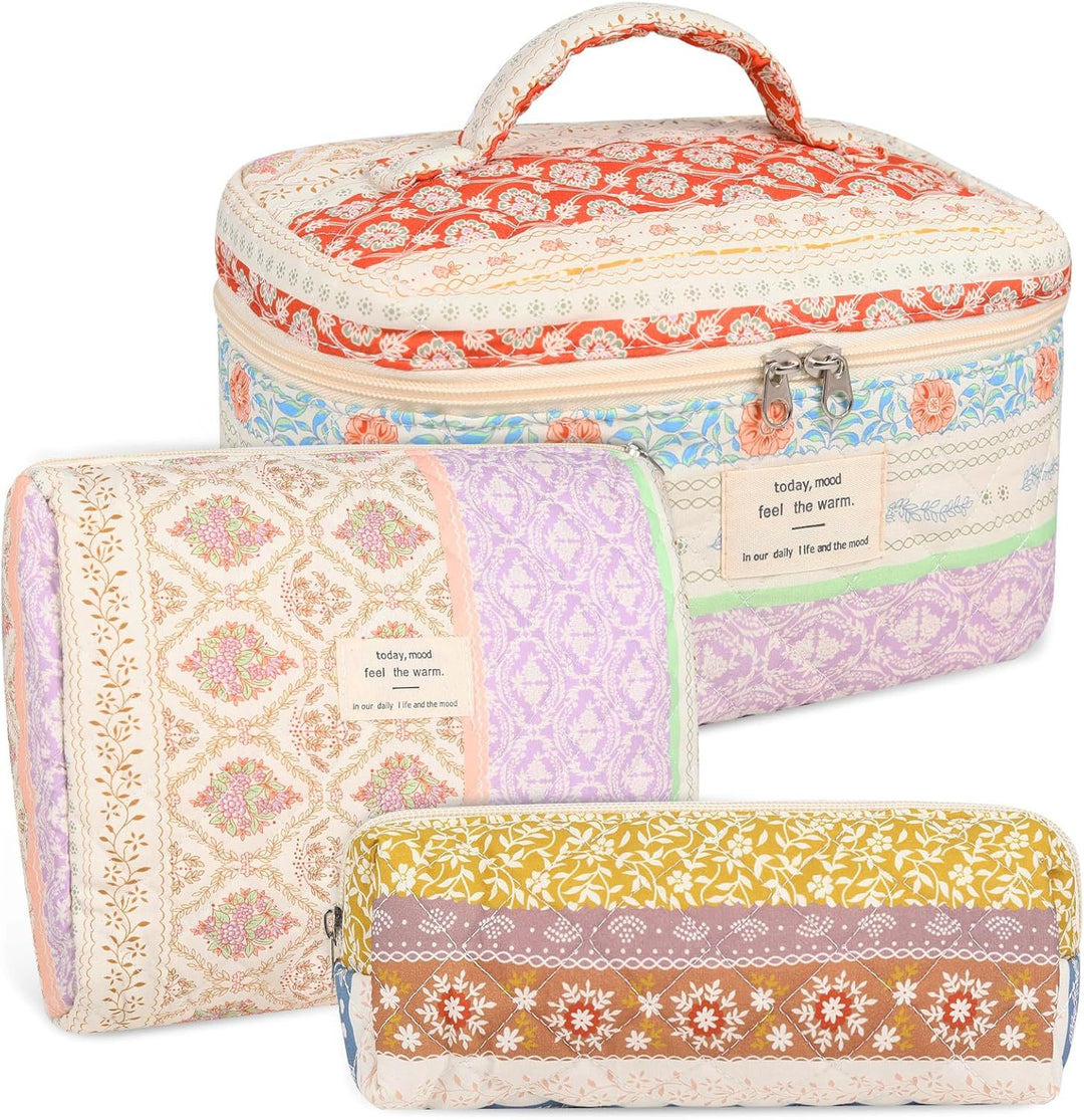 Floral Quilted 3-Piece Makeup Bag Set, Large Capacity Handheld Cosmetic Bag Portable Storage Pouch & Pencil Case Kit