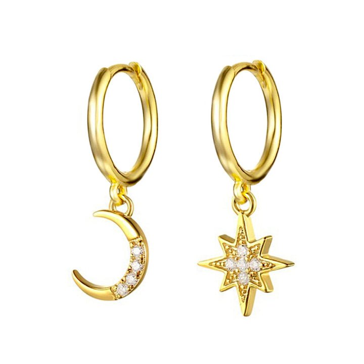 Asymmetric Moon & Star Diamond Huggie Earrings (2 Colors Delicate Dangle Hoops)